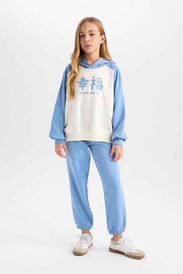 DEFACTO DEFACTO Girl 2-Piece Set Hooded Printed Sweatshirt Elastic Waist Tracksuit Bottoms