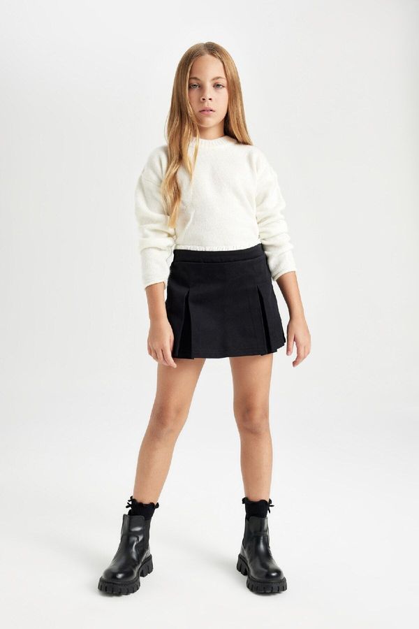 DEFACTO DEFACTO Girl Basic Plain Gabardine Pleated Black Shorts Skirt