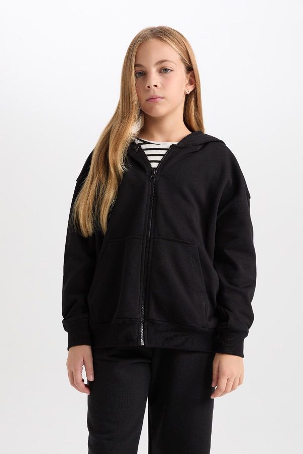 DEFACTO DEFACTO Girl Basic Plain Hooded Cardigan