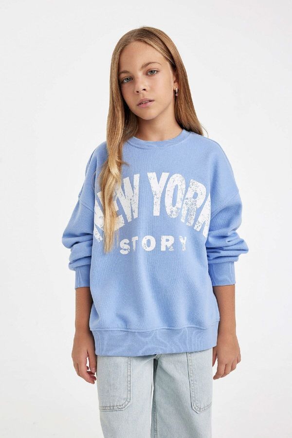 DEFACTO DEFACTO Girl Blue Oversize Fit Wide Mold Crew Neck Slogan Printed Sweatshirt