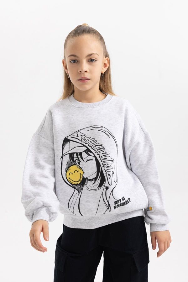 DEFACTO DEFACTO Girl Child Smileyworld Oversize Fit Crew Neck Thick Sweatshirt with Soft Furry Inside