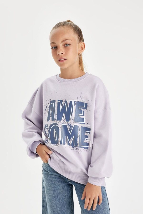 DEFACTO DEFACTO Girl Lilac Oversize Fit Wide Mold Crew Neck Slogan Printed Sweatshirt