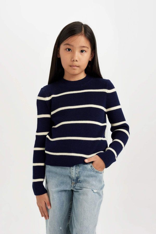 DEFACTO DEFACTO Girl Navy Blue Striped Fitted Crew Neck Knitwear Sweater