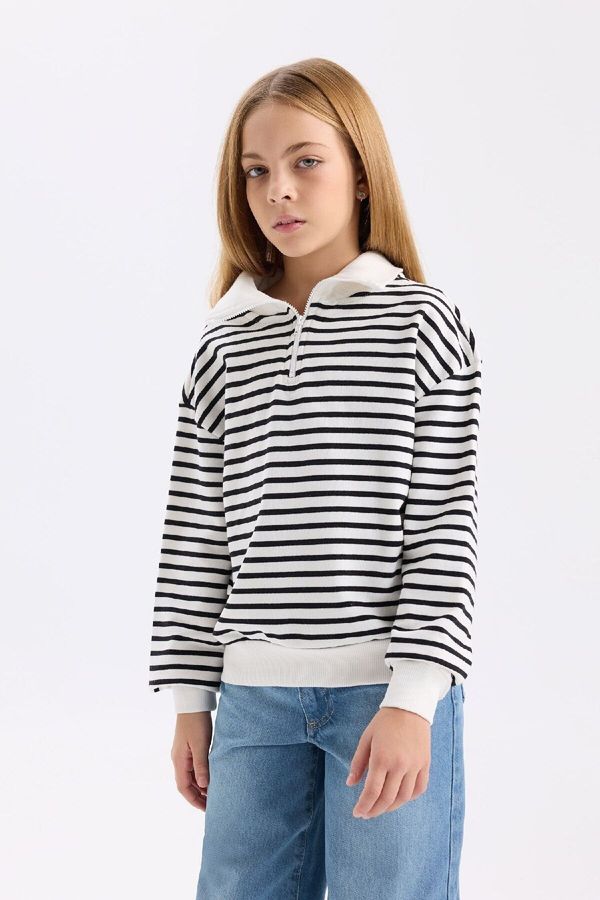 DEFACTO DEFACTO Girl Oversize Fit Wide Mold Half Zipper Striped Sweatshirt