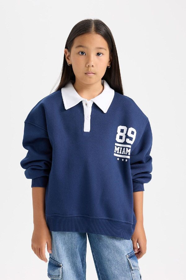 DEFACTO DEFACTO Girl Oversize Fit Wide Mold Polo Collar Printed Soft Fluffy Thick Fabric Sweatshirt D3497