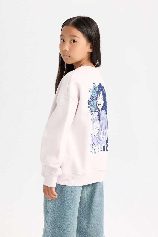 DEFACTO DEFACTO Girl Oversize Wide Pattern Crew Neck Back Printed Soft Furry Sweatshirt