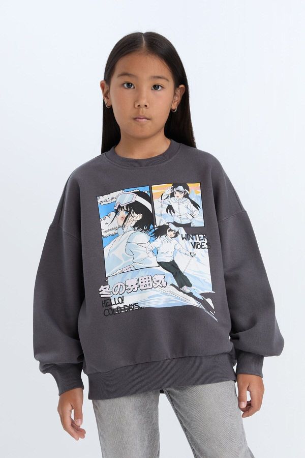 DEFACTO DEFACTO Girl Oversize Wide Pattern Crew Neck Printed Sweatshirt