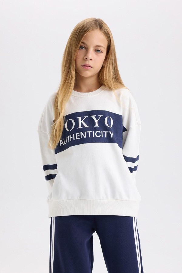 DEFACTO DEFACTO Girl Oversize Wide Pattern Crew Neck Striped Sweatshirt