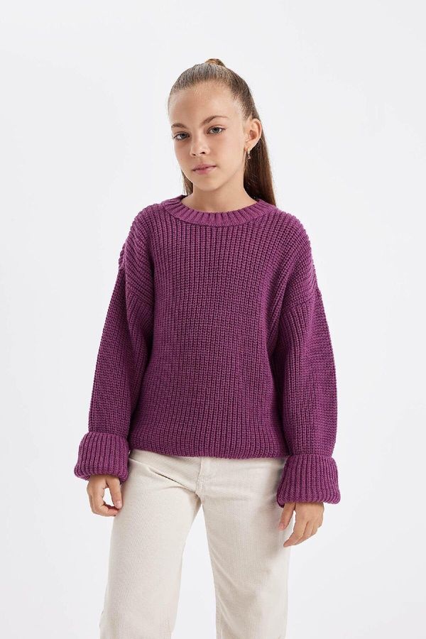 DEFACTO DEFACTO Girl Purple Standard Fit Crew Neck Basic Plain Knitwear Sweater