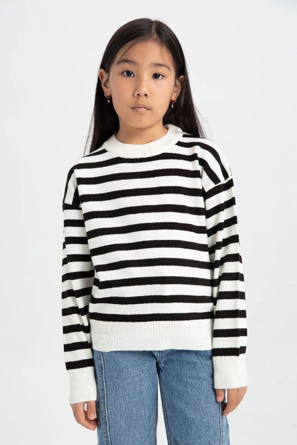 DEFACTO DEFACTO Girl Striped Standard Fit Crew Neck Knitwear Sweater