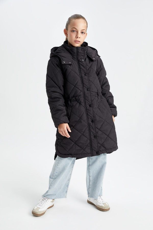 DEFACTO DEFACTO Girl Water Repellent Hooded Zippered Snap Pocket Long Coat Parka