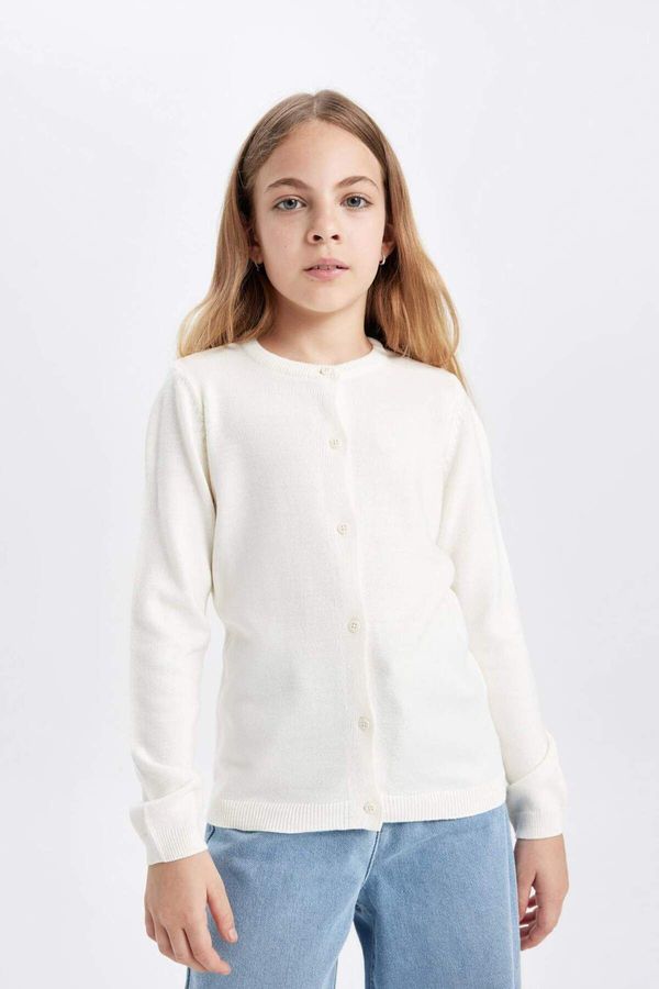 DEFACTO DEFACTO Girl White Crew Neck Knitted School Cardigan