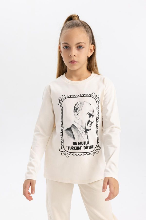 DEFACTO DEFACTO Girls' Atatürk Printed Crew Neck Combed Cotton Long Sleeve T-Shirt