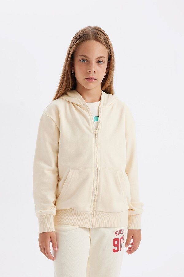 DEFACTO DEFACTO Girls Basic Hooded Zippered Pocket Ecru School Cardigan