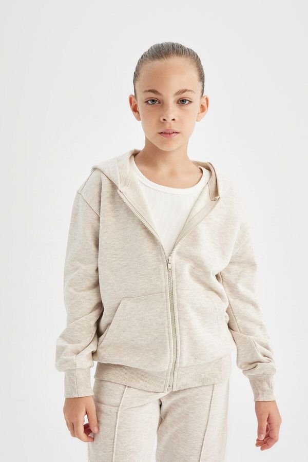 DEFACTO DEFACTO Girls Beige Basic Hooded Zippered School Cardigan