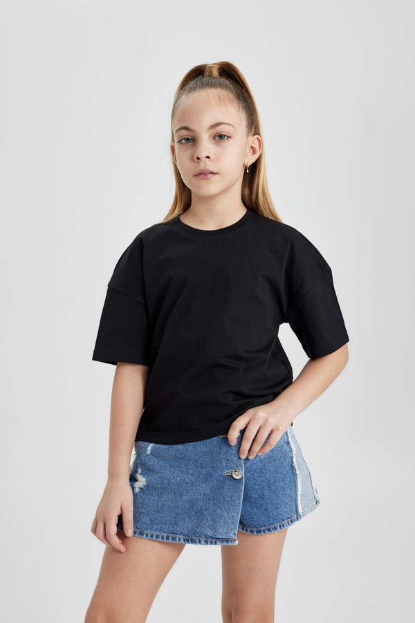 DEFACTO DEFACTO Girls Black Crop Basic Short Sleeve T-Shirt