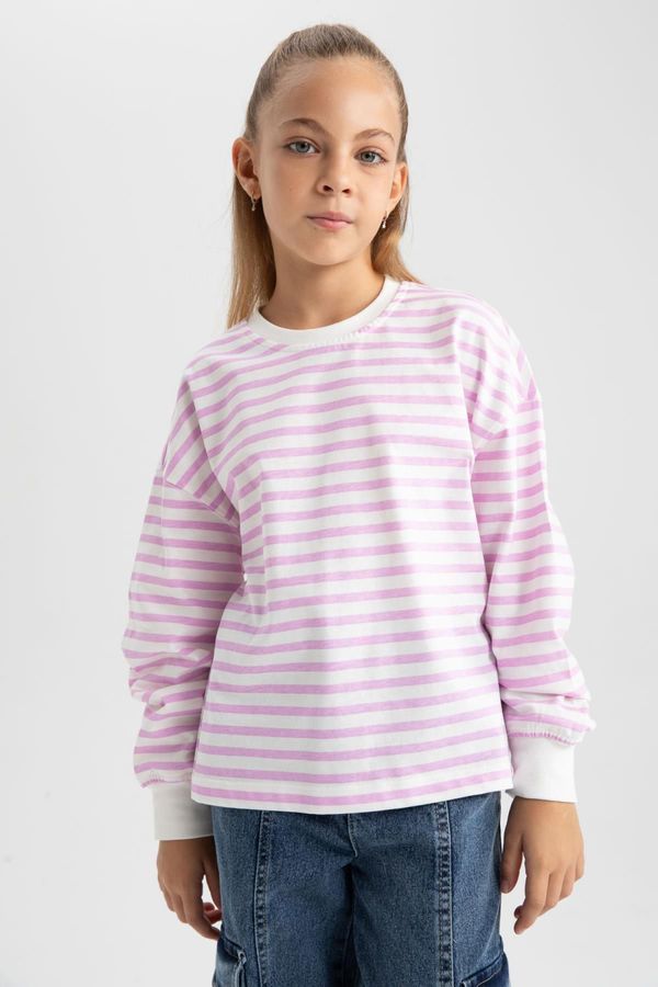 DEFACTO DEFACTO Girls' Crew Neck Striped Combed Combed Long Sleeve T-Shirt