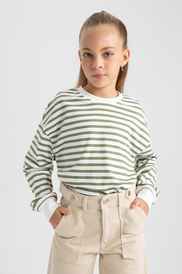 DEFACTO DEFACTO Girls' Crew Neck Striped Combed Combed Long Sleeve T-Shirt