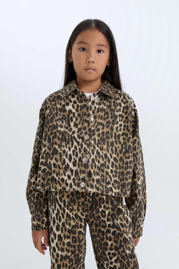 DEFACTO DEFACTO Girl's Leopard Print Buttoned Gabardine Long Sleeve Shirt Jacket