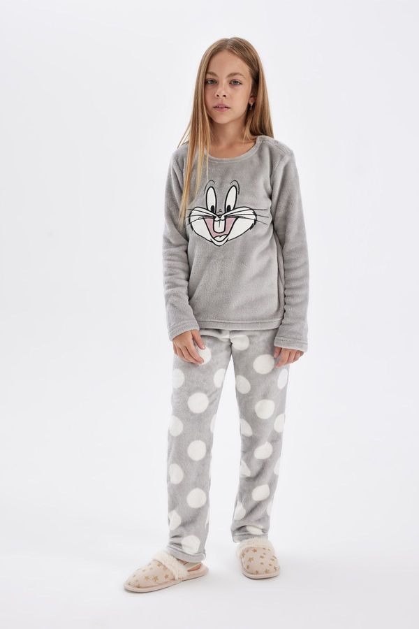 DEFACTO DEFACTO Girls Looney Tunes Regular Fit Long Sleeve Top Long Bottom Plush Pajama Set