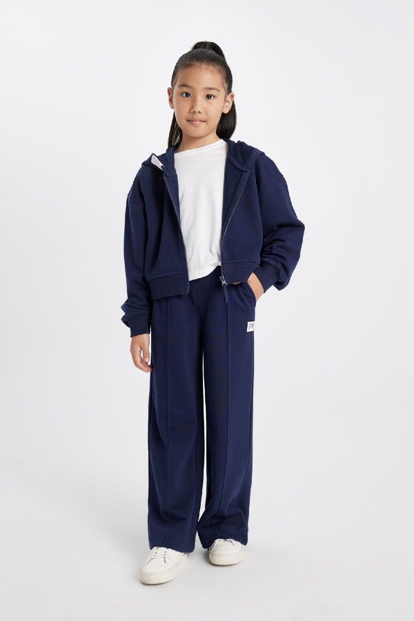 DEFACTO DEFACTO Girls Navy Blue Wide Leg Wide Leg Elastic Waist Basic Plain School Sweatpants