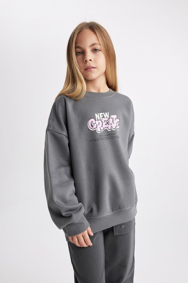 DEFACTO DEFACTO Girl's Oversize Fit Crew Neck Printed Soft Fuzzy Thick Sweatshirt