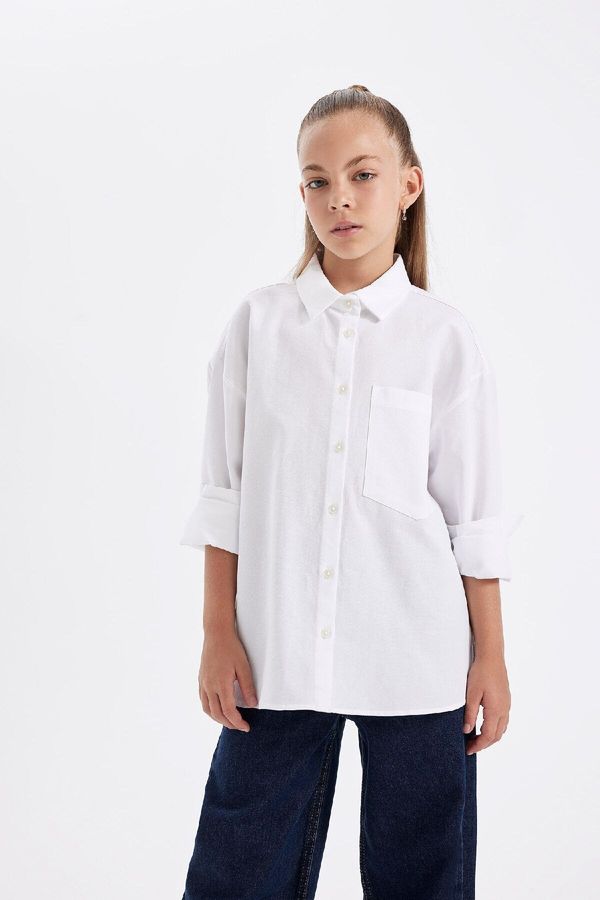 DEFACTO DEFACTO Girls Oversize Fit Poplin Long Sleeve White School Shirt