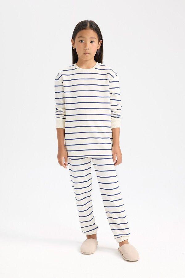 DEFACTO DEFACTO Girls Pajama Set Striped Long Sleeve Top Elastic Waist Long Bottom