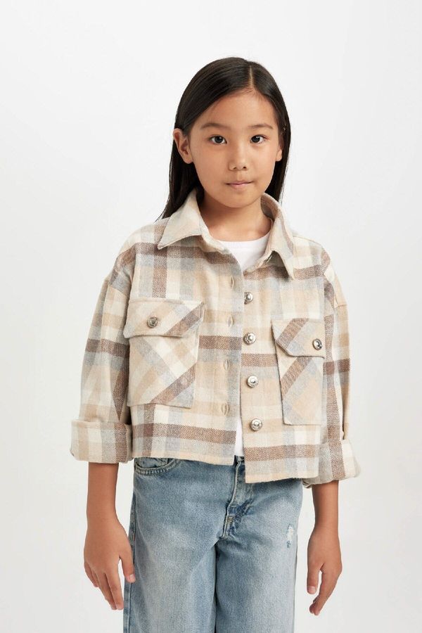 DEFACTO DEFACTO Girls Plaid Double Pocket Crop Long Sleeve Shirt