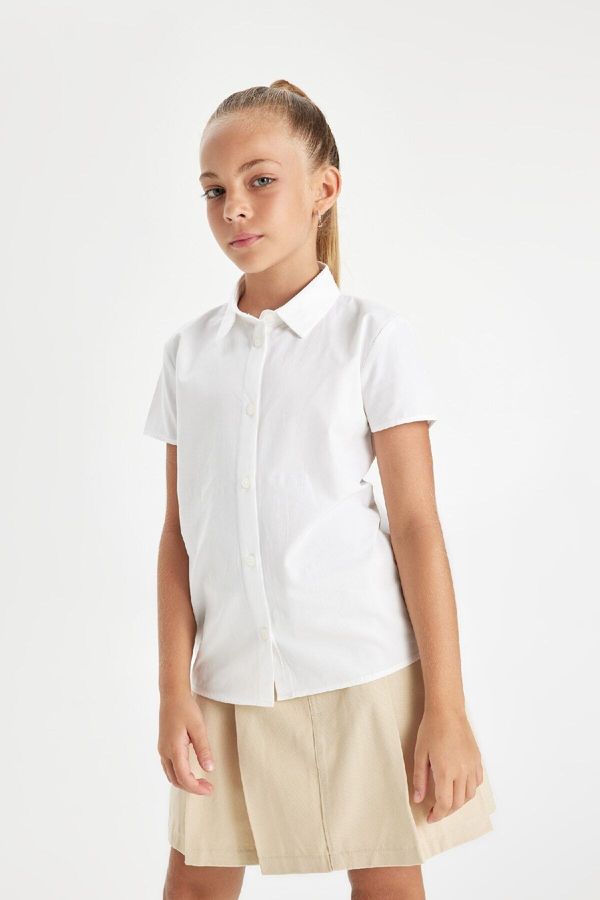 DEFACTO DEFACTO Girls Poplin Short Sleeve Basic Plain White School Shirt