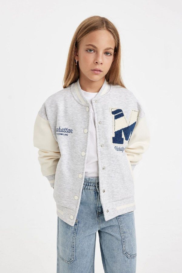 DEFACTO DEFACTO Girls Printed College Collar Bomber Cardigan with Soft Fur Inside