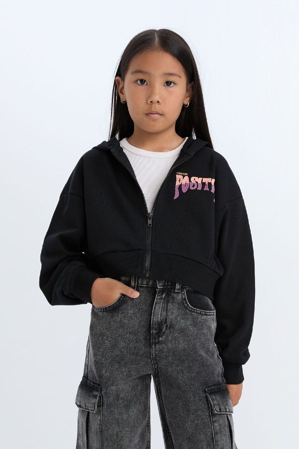 DEFACTO DEFACTO Girl's Printed Hooded Soft Furry Zippered Sweatshirt