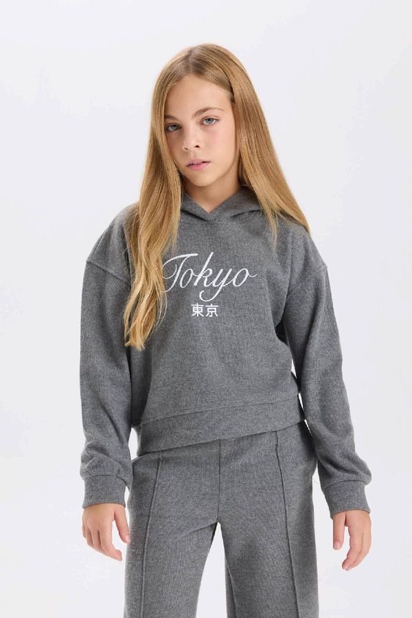 DEFACTO DEFACTO Girls Regular Fit Hooded Slogan Printed Thessaloniki Fabric Low Sleeve Sweatshirt