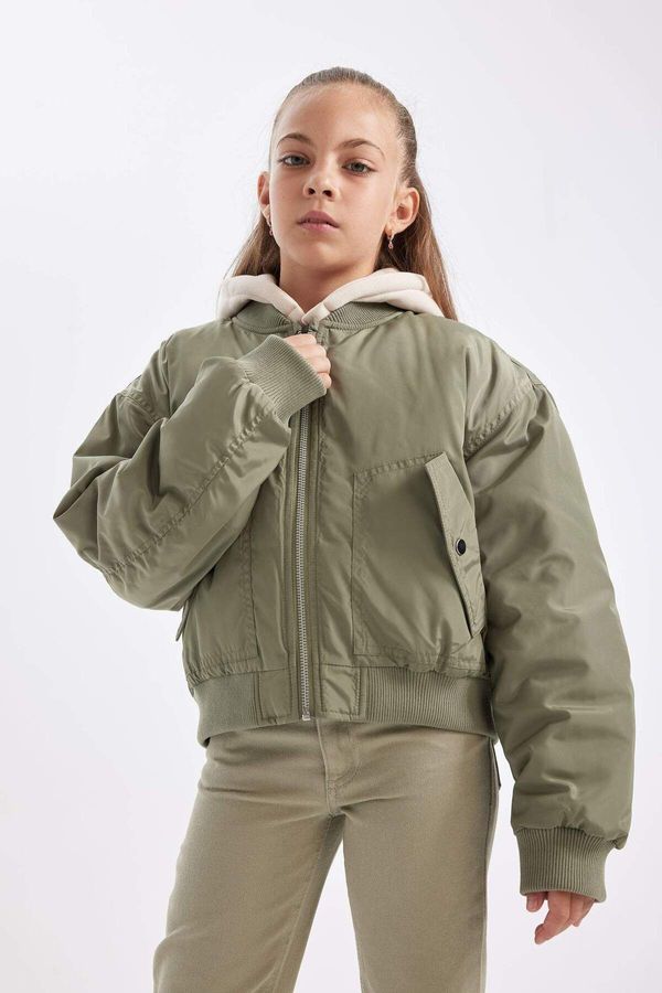 DEFACTO DEFACTO Girl's Removable Hooded Ribbed Sleeved Snap Pocket Bomber Jacket