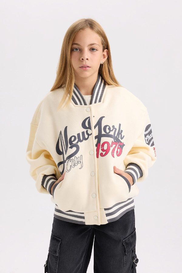 DEFACTO DEFACTO Girls Slogan Printed College Collar Bomber Thick Sweatshirt Fabric Soft Fluffy Inside Cardigan