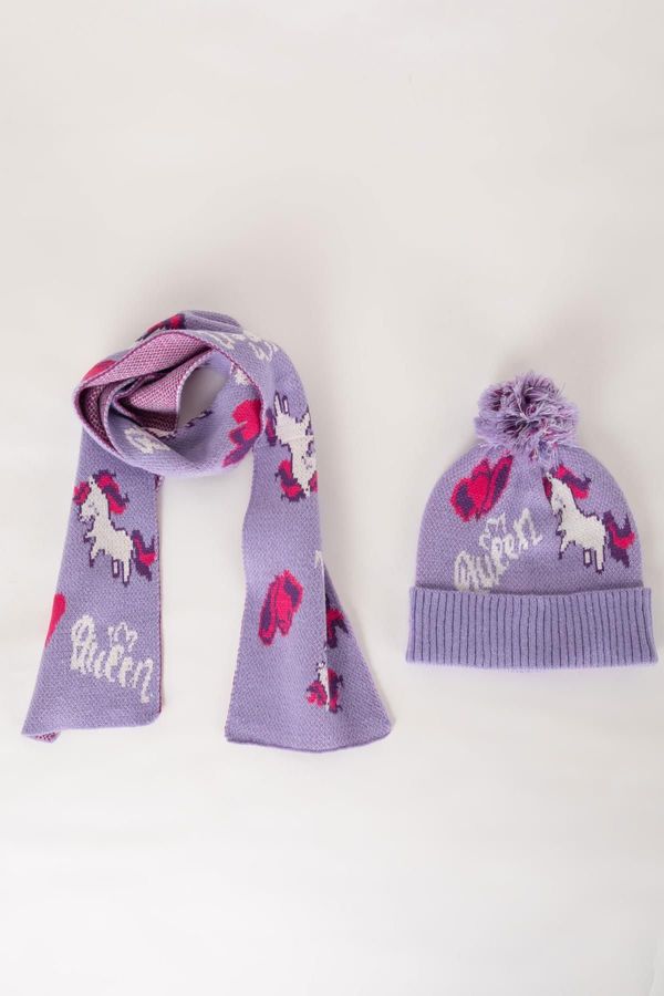 DEFACTO DEFACTO Girl's Unicorn Patterned Scarf and Beret Set of 2