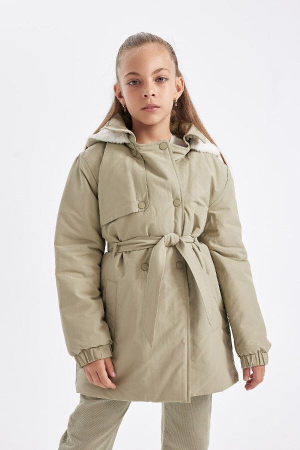 DEFACTO DEFACTO Girls Water Repellent Hooded Snap Waist Belted Faux Für Lined Long Raincoat