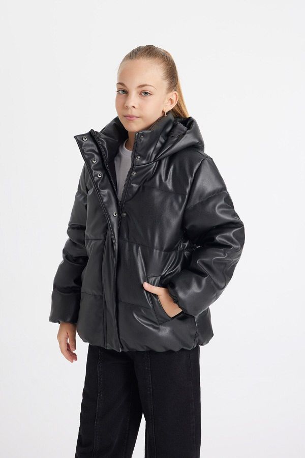 DEFACTO DEFACTO Girl's Water Repellent Water Repellent Hooded Zipper Snap Closure Puffer Coat