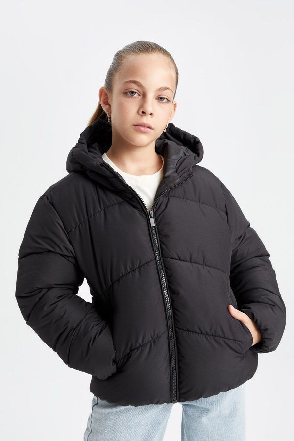 DEFACTO DEFACTO Girls Water Repellent Windproof Hooded Pocket Zippered Puffer Jacket