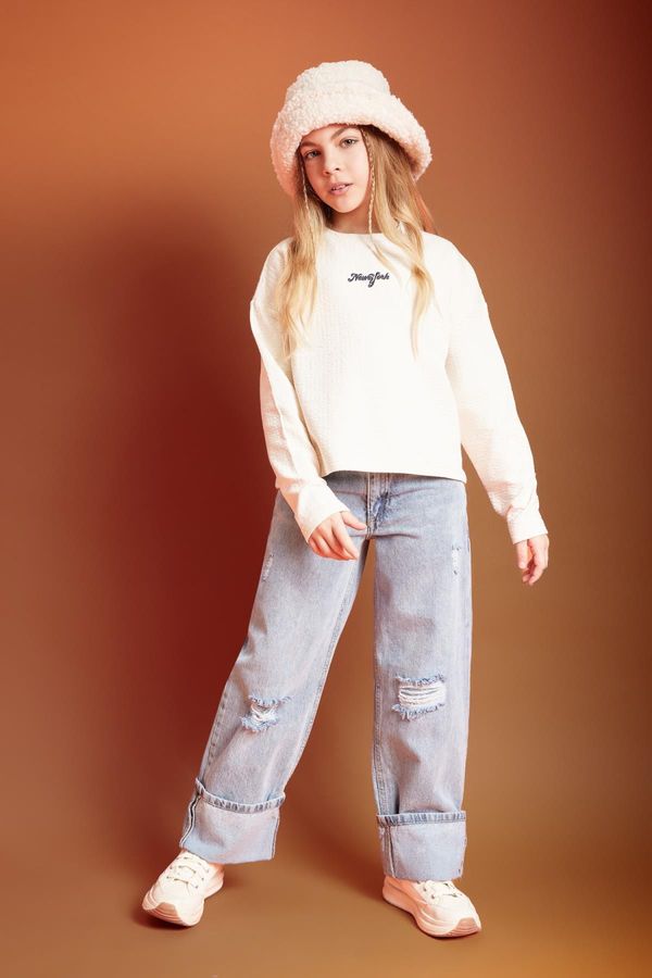 DEFACTO DEFACTO Girl's Wide Leg Ripped Detailed Wide Leg Jean Trousers