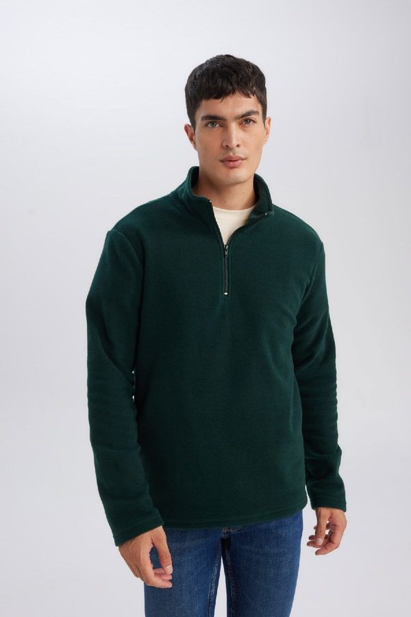 DEFACTO DEFACTO Green Non-Pilling Cold-Proof Regular Fit Stand-up Collar Zippered Polar Fleece Sweatshirt Y39