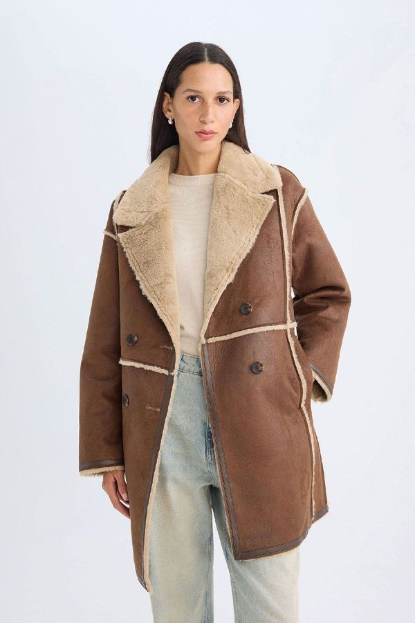 DEFACTO DEFACTO Jacket Collar Suede Parka Coat Plush Lined Buttoned Pocket