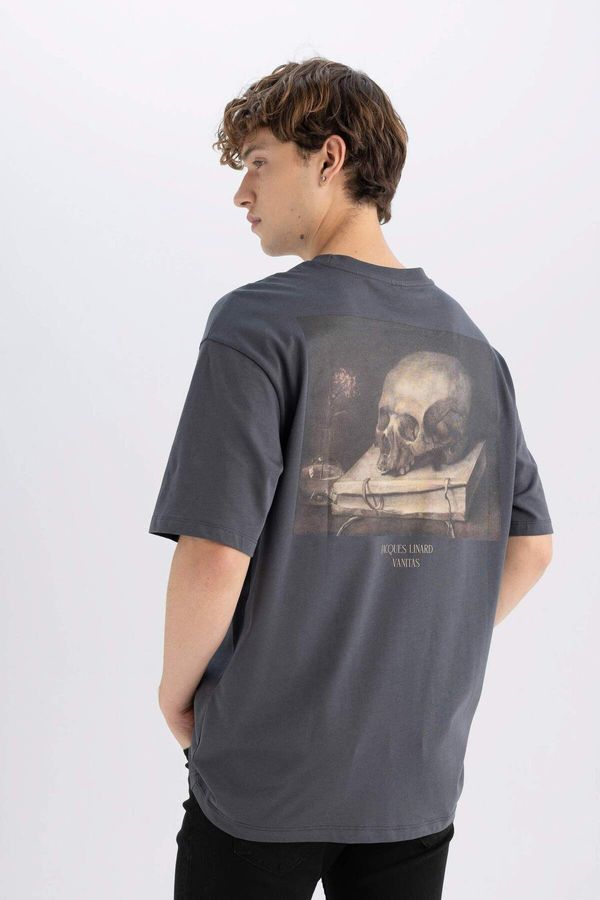 DEFACTO DEFACTO Jacques Linard Men's Grey Oversize Crew Neck Back Printed Cotton Short Sleeve T-Shirt C8836ax24au