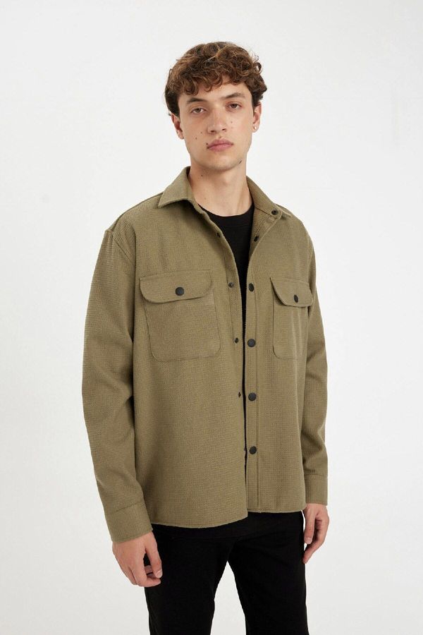 DEFACTO DEFACTO Khaki Relax Fit Relaxed Fit Button Down Collar Waffle Plain Cotton Blend Long Sleeve Shirt