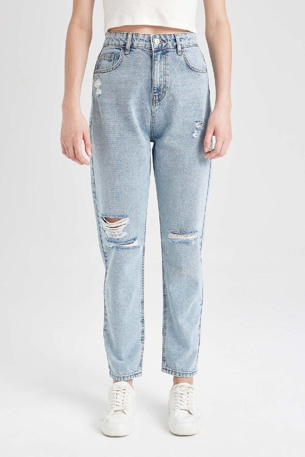 DEFACTO DEFACTO Lina Mom Fit Washed Jeans Ripped Detail High Waist Ankle Length