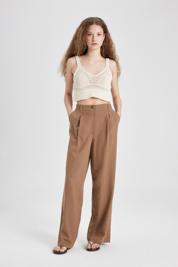 DEFACTO DEFACTO Linen Blend Trousers Wide Leg Double Pocket High Waist Wide Leg