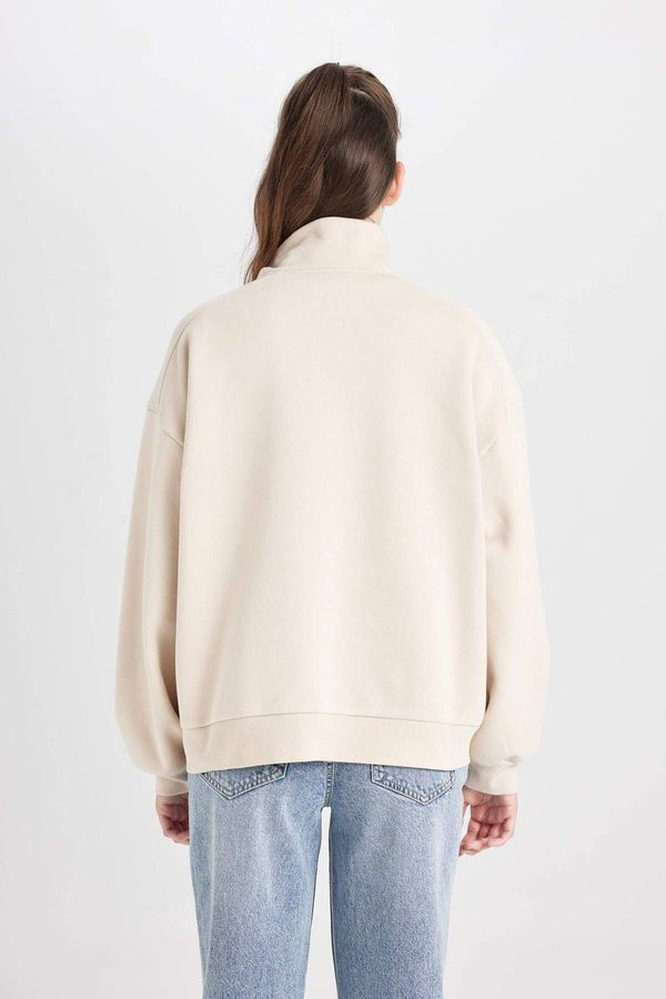 DEFACTO DEFACTO Loose Fit Half Zipper Stand Collar Printed Thick Sweatshirt