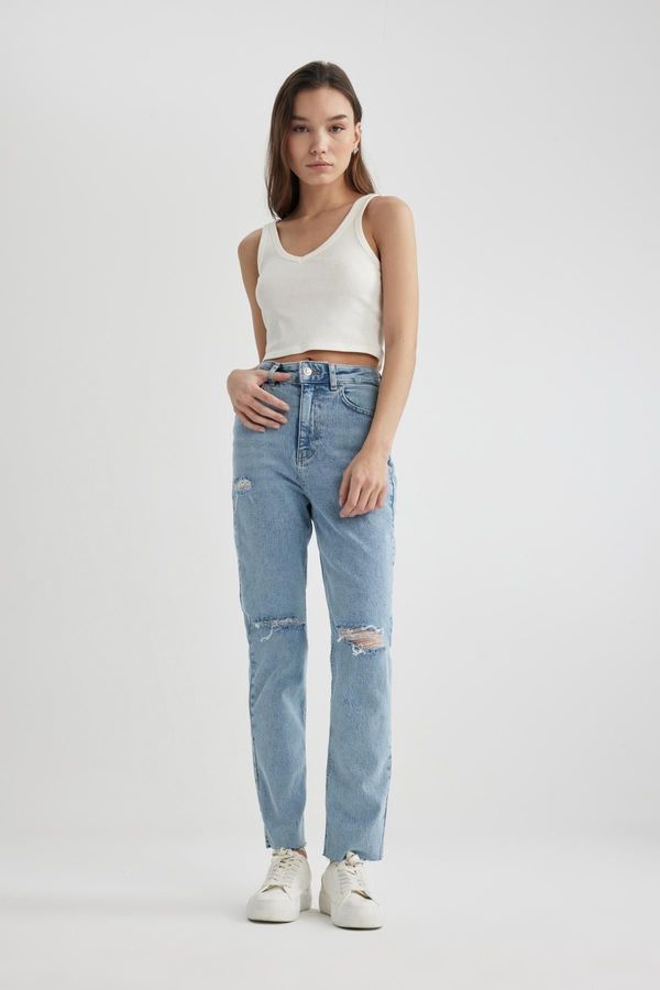 DEFACTO DEFACTO Mary Vintage Straight Fit Ripped Detail High Waist Cut Off Ankle Length Jeans