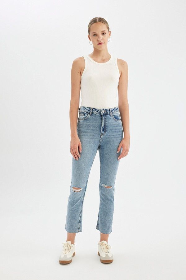 DEFACTO DEFACTO Mary Washed Jeans Straight Leg Ripped Detail High Waist Leg Cut Ankle Length