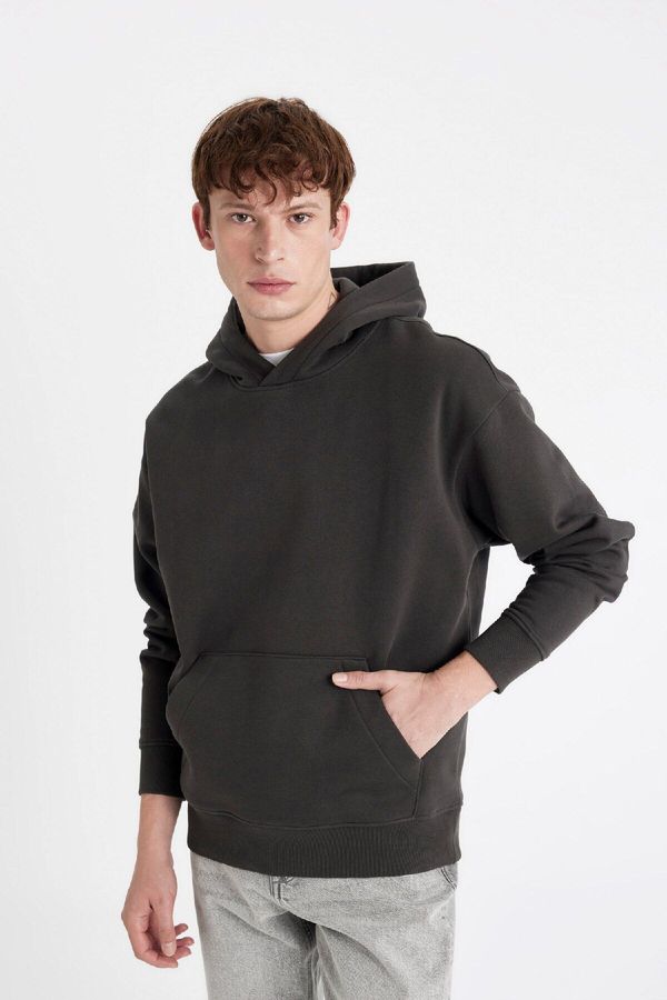 DEFACTO DEFACTO Men's Anthracite Oversize Fit Hooded Pocket Basic Sweatshirt